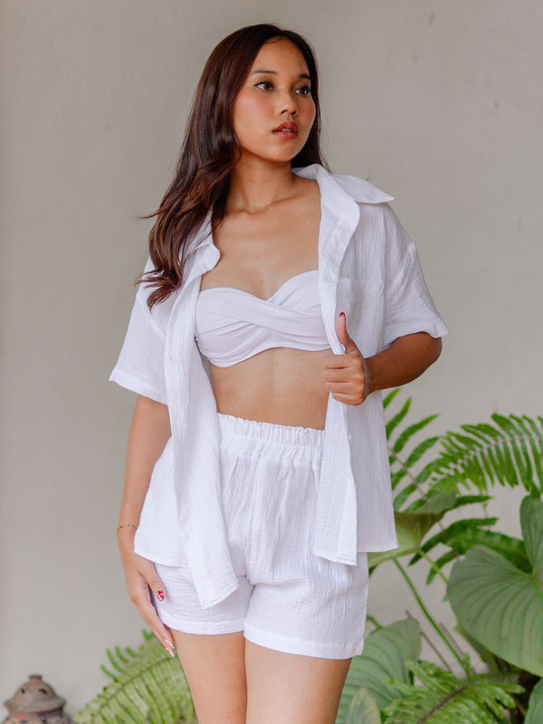Maddie Short Sleeve Button Up Shorts Co Ord 2 piece Set in White