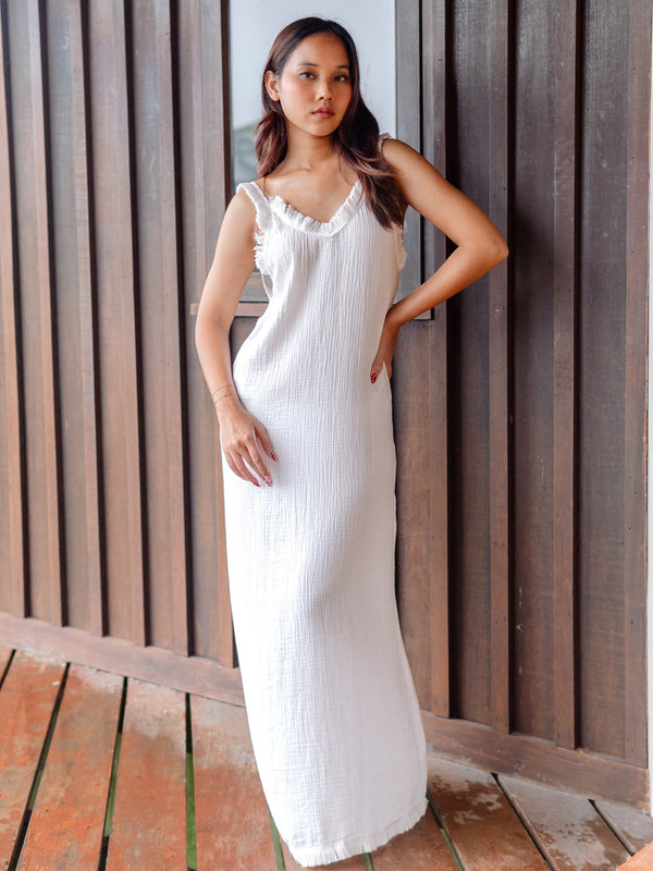 Blythe Freyed Maxi Dress in White