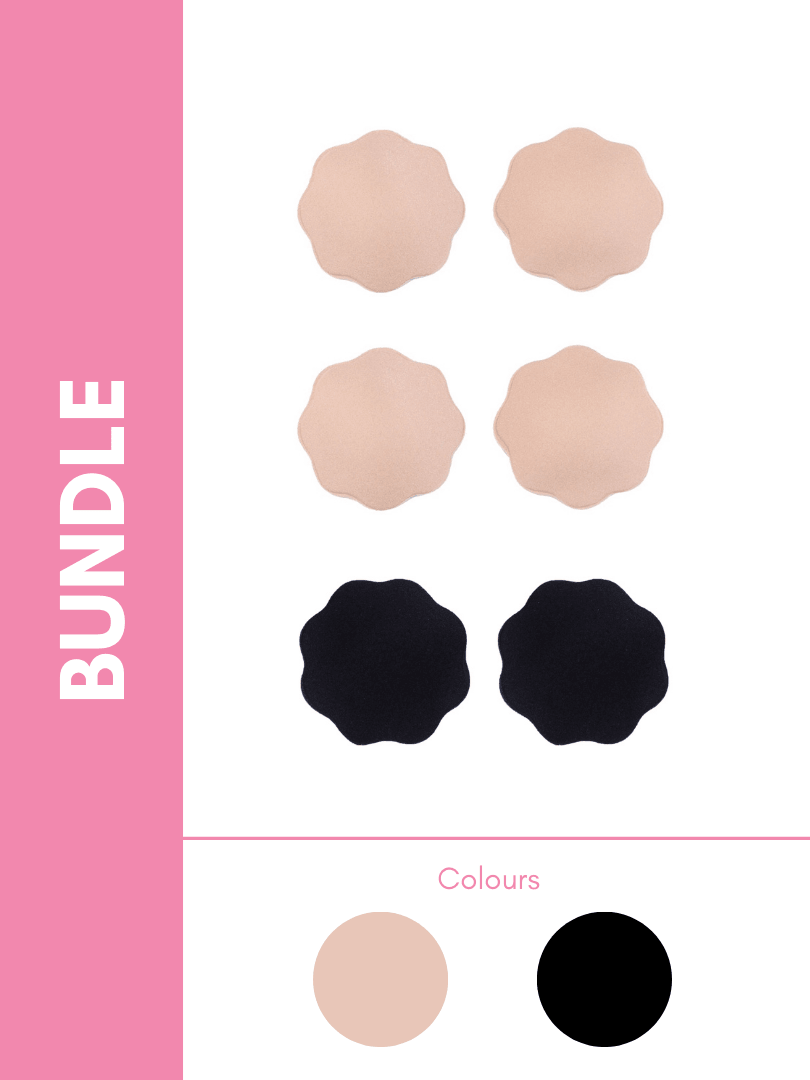 Ultimate Silicone Reusable Stick On Fabric Nipple Cover Bundle Pack Bundle Pack in Skin & Black (Flower)(3 Pack) - Pink N' Proper