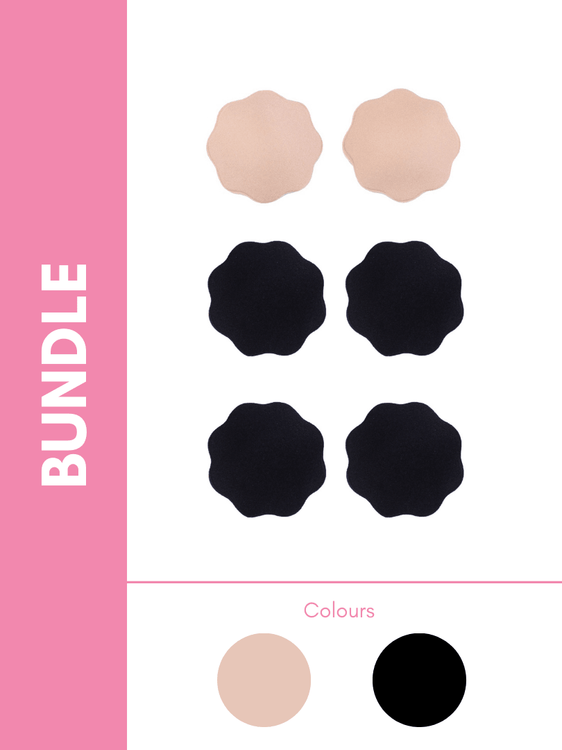 Ultimate Silicone Reusable Stick On Fabric Nipple Cover Bundle Pack in Black & Skin (Flower)(3 Pack) - Pink N' Proper