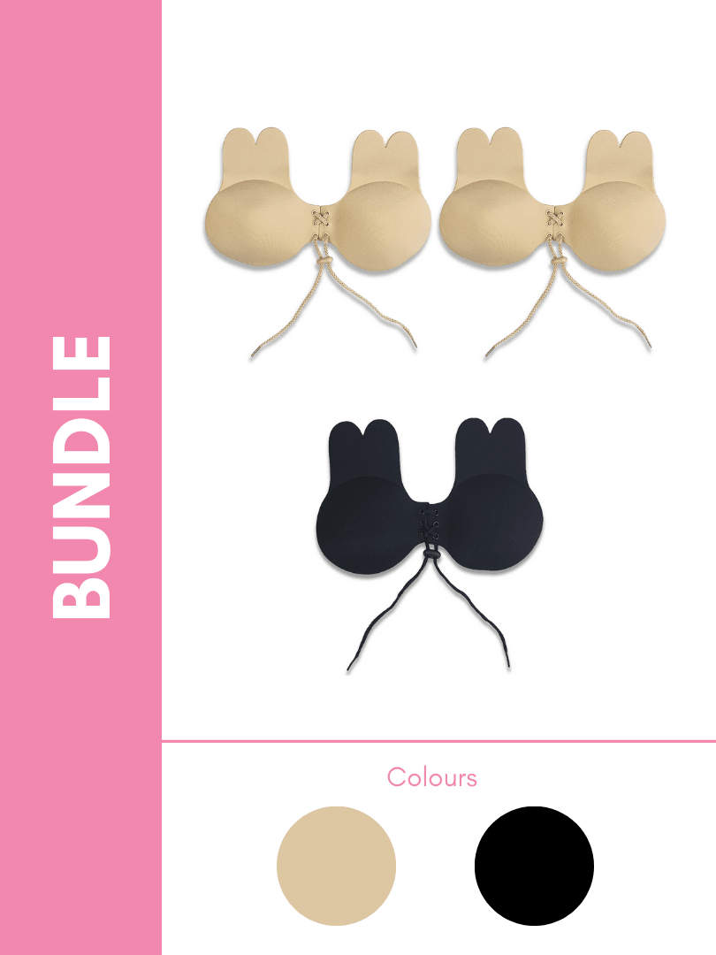 Ultimate Rabbit Ears Reusable Adhesive Drawstring Boob Lift Up Bra Bundle Pack in Skin & Black (3 Pack) - Pink N' Proper