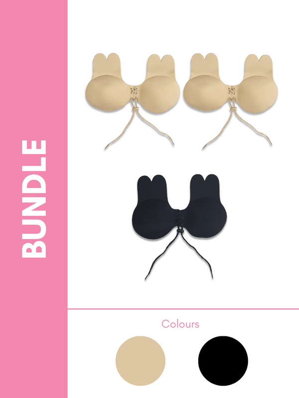 Ultimate Rabbit Ears Reusable Adhesive Drawstring Boob Lift Up Bra Bundle Pack in Skin & Black (3 Pack) - Pink N' Proper