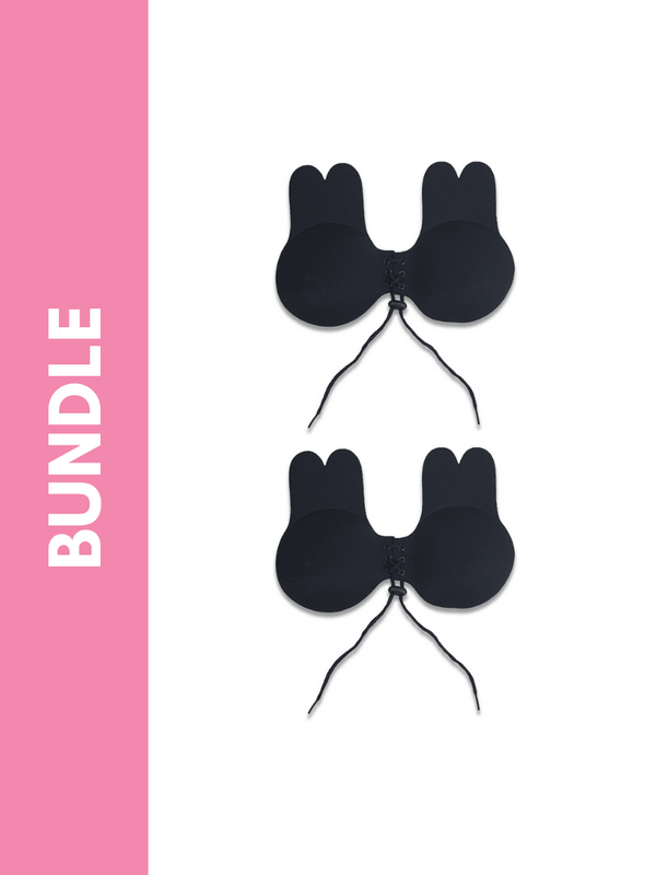 Ultimate Rabbit Ears Reusable Adhesive Drawstring Boob Lift Up Bra Bundle Pack in Black (2 Pack) - Pink N' Proper