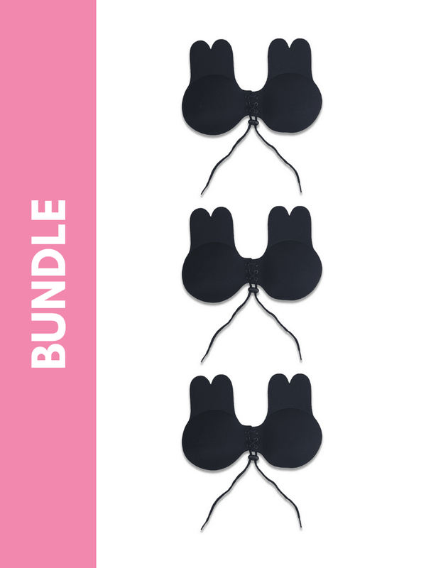 Ultimate Rabbit Ears Reusable Adhesive Drawstring Boob Lift Up Bra Bundle Pack in Black (3 Pack) - Pink N' Proper