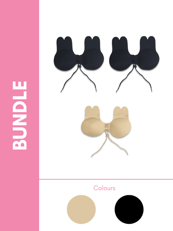 Ultimate Rabbit Ears Reusable Adhesive Drawstring Boob Lift Up Bra Bundle Pack in Black & Skin (3 Pack) - Pink N' Proper