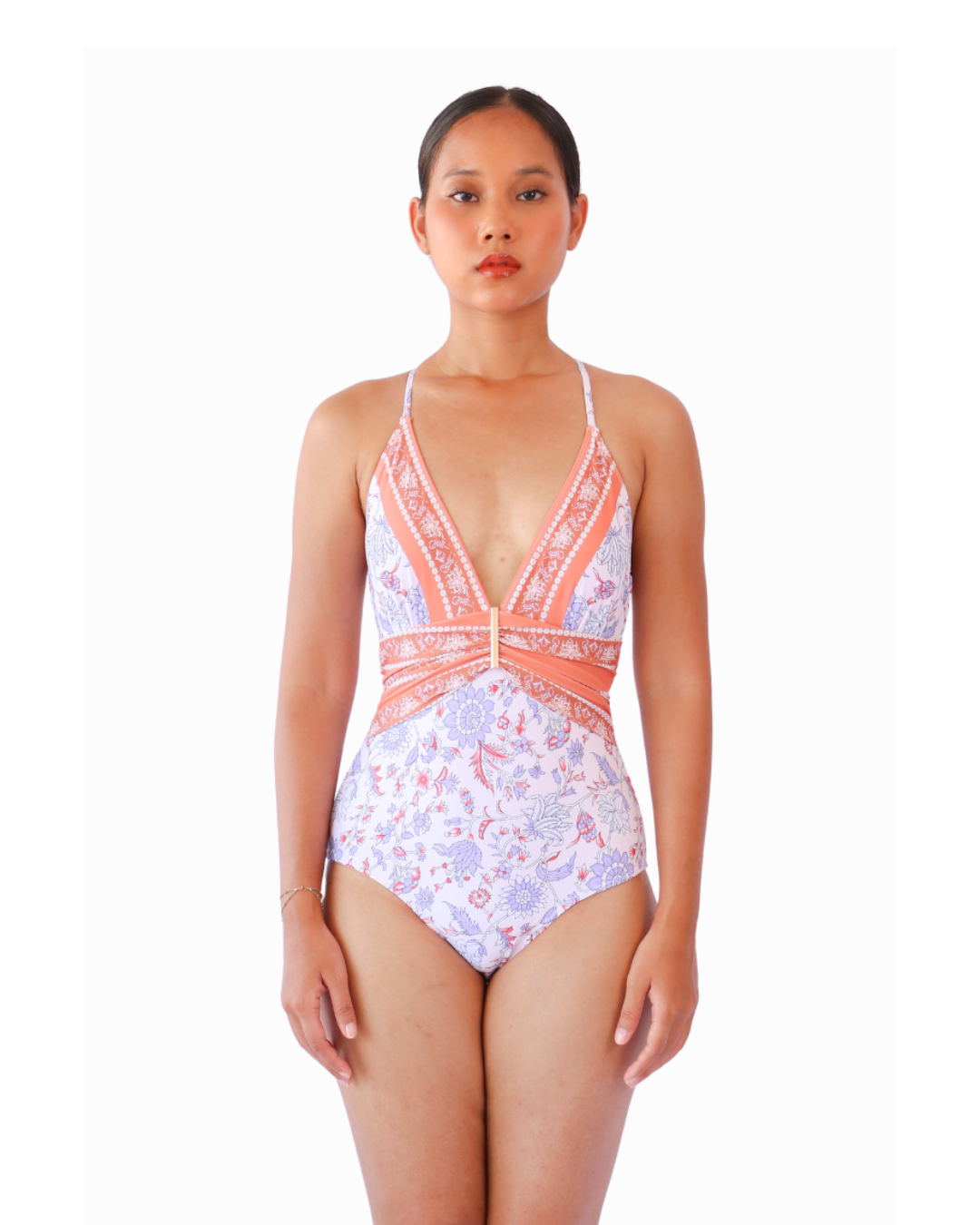 Pink N' Proper - OPULENCE ELYSIUM Thalassa V-Neck Floral Swimsuit with Criss-Cross Back in Lilac Purple - Women Stylish Beachwear Swimwear Bikini Malaysia