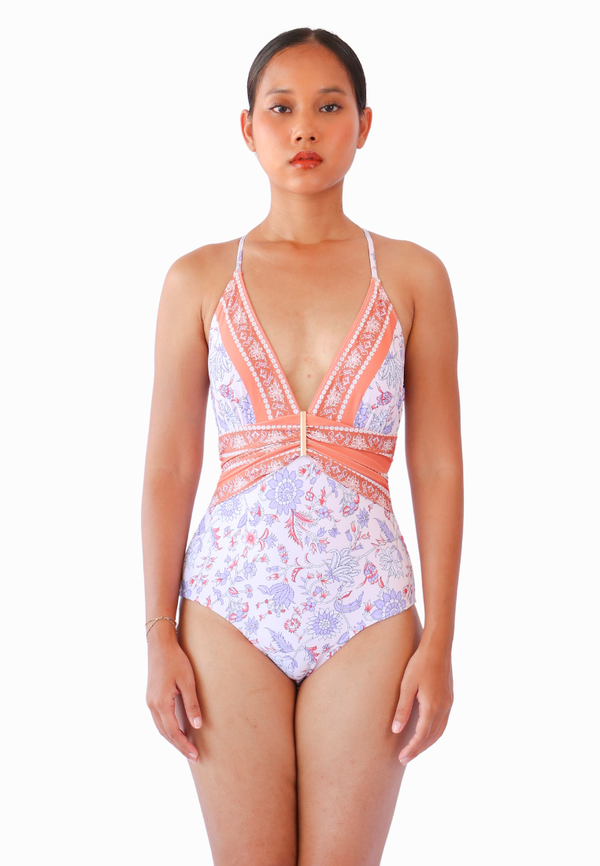 OPULENCE ELYSIUM Thalassa V-Neck Floral Swimsuit with Criss-Cross Back in Lilac Purple