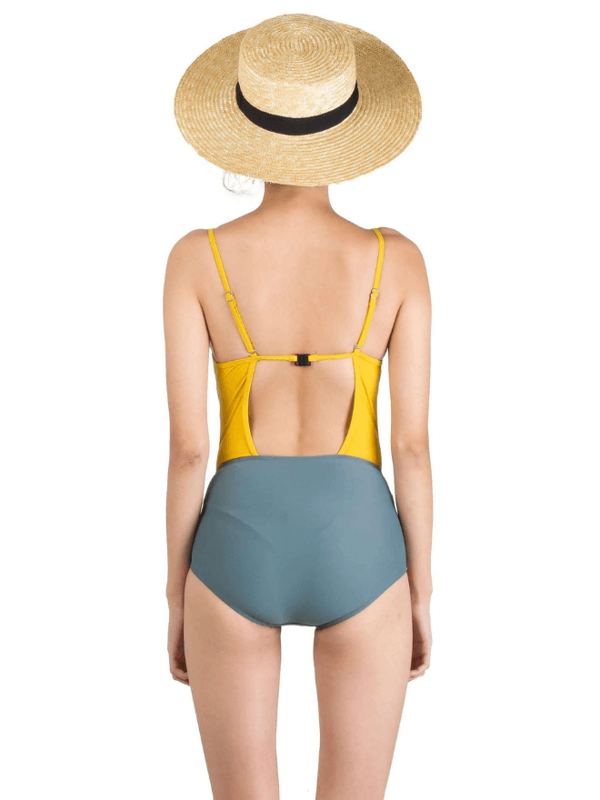 Ae-ri Colour Block Swimsuit in Yellow Green - Pink N' Proper