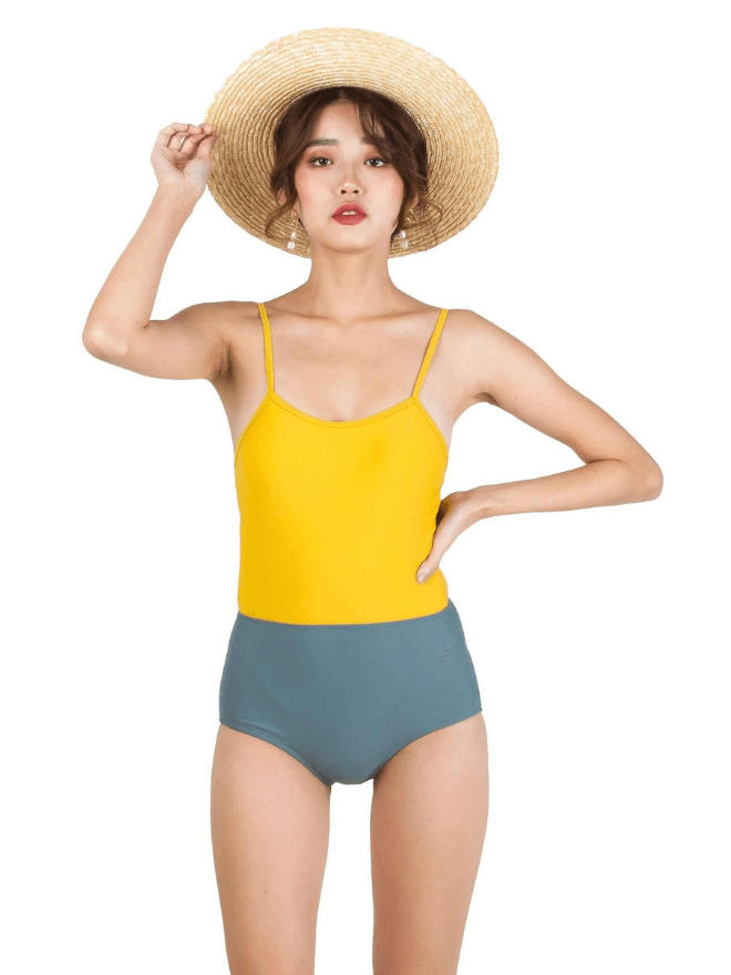 Ae-ri Colour Block Swimsuit in Yellow Green - Pink N' Proper
