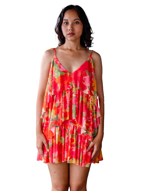 OPULENCE ETHEREAL Amaya V Neck Mesh Tier Dress in Red