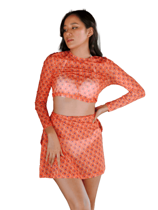 TROPICAL OPULENCE Andalusia Mesh Long Sleeve Top and Wrap Skirt Co Ord Beachwear Set in Orange