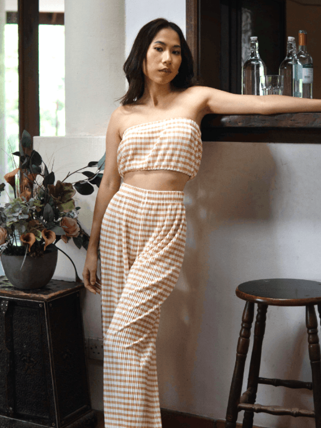 Avery Checkered Gingham Pleated Tube Top and Long pants Co Ord Set in Mustard Yellow / Cream White - Pink N' Proper