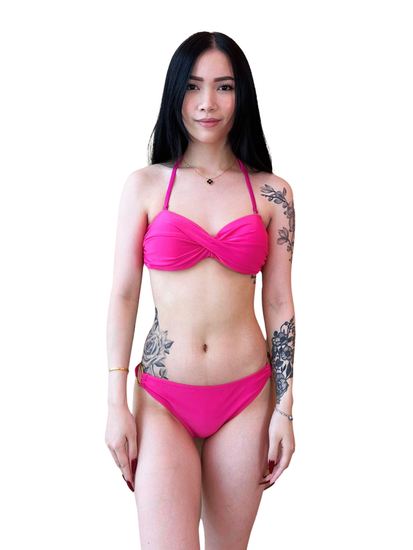 Basic Bandeau Push Up Underwire Bikini Set in Hot Pink