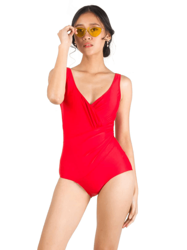Basic Deep V Bareback Shaping Swimsuit in Red (Plus Size Available) - Pink N' Proper