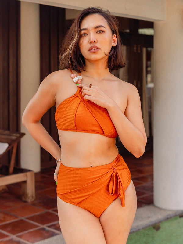 OPULENCE ETHEREAL Ophelia Toga Stone Embellished High Waist Bikini Set in Metallic Orange Brown