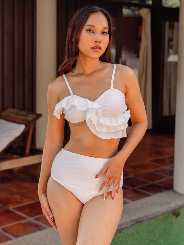 OPULENCE ETHEREAL Agatha Ruffle High Waist Bikini Set in White