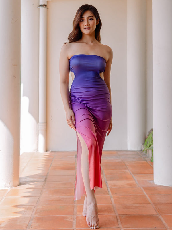 OPULENCE ETHEREAL Verona Ombre Cut Out Maxi Dress in Dusk Purple Red