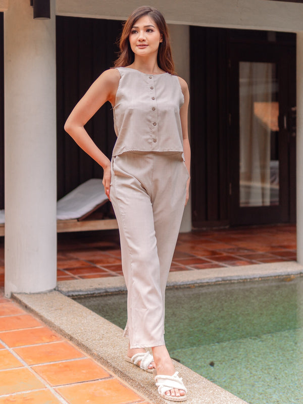 Zarah Linen Reversible Top Straight Leg Trousers with Pockets Co Ord 2 Piece Set in Beige