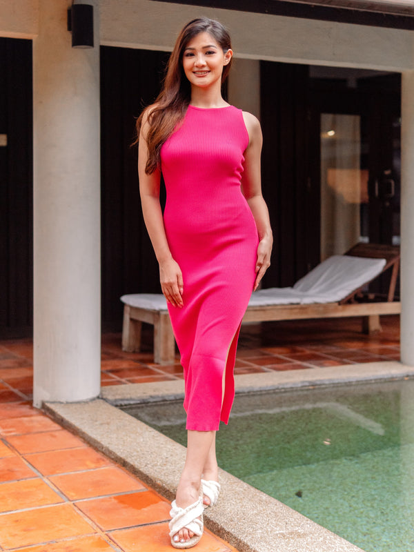 Alina Ribbed Reversible cut out Bodycon Dress with Slit in Hot Pink