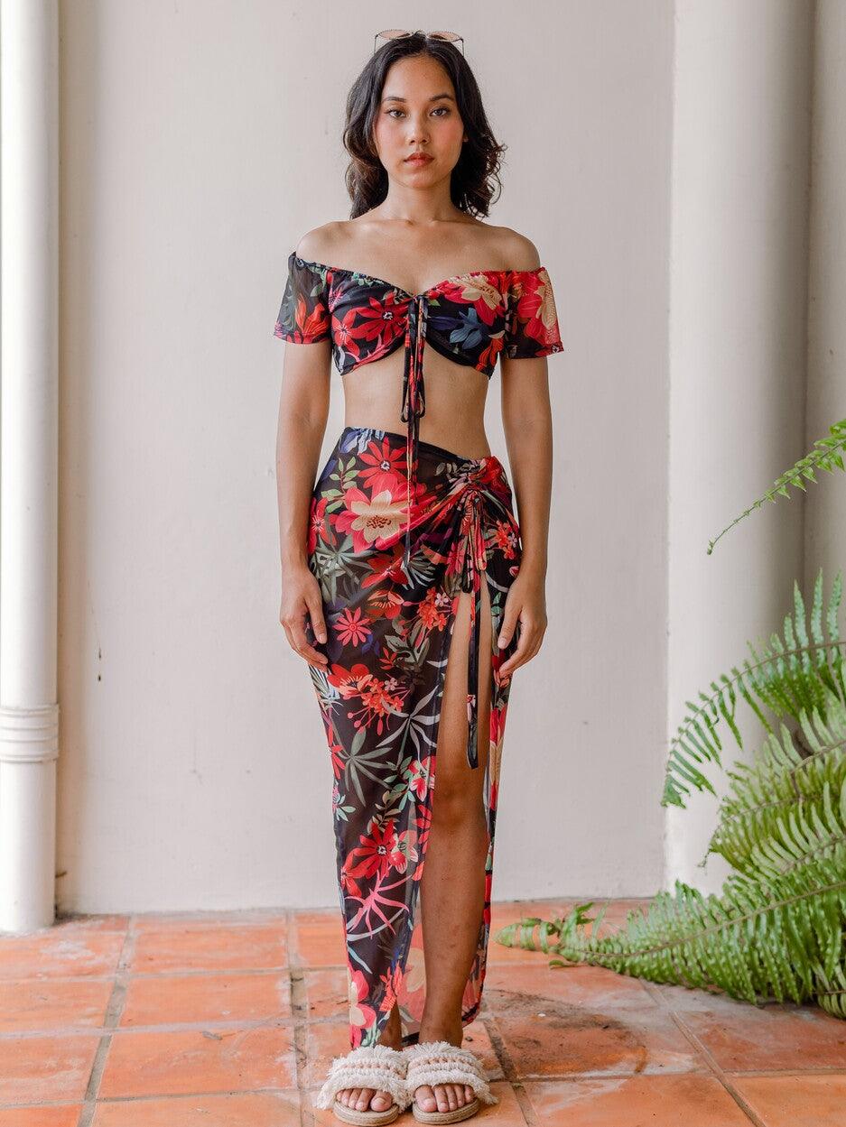 Serenity Floral Print Off Shoulder Top with Long Skirt Co Ord 2 Piece Set in Black - Pink N' Proper