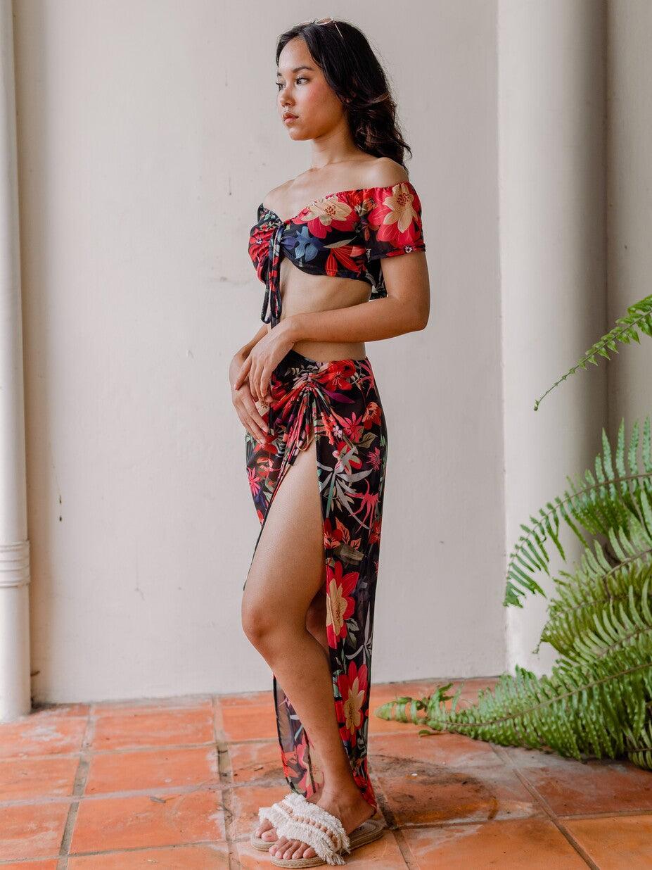 Serenity Floral Print Off Shoulder Top with Long Skirt Co Ord 2 Piece Set in Black - Pink N' Proper