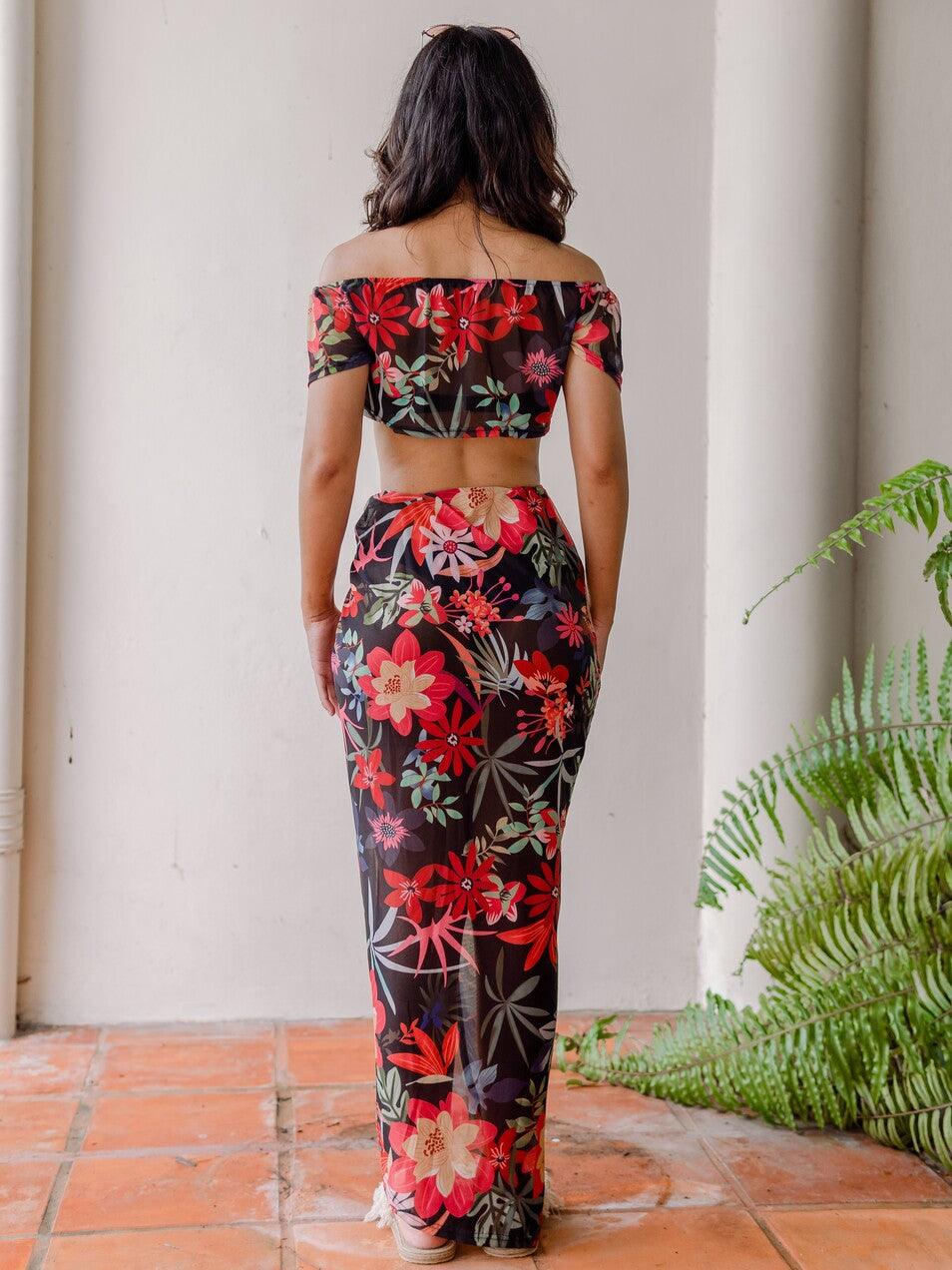 Serenity Floral Print Off Shoulder Top with Long Skirt Co Ord 2 Piece Set in Black - Pink N' Proper