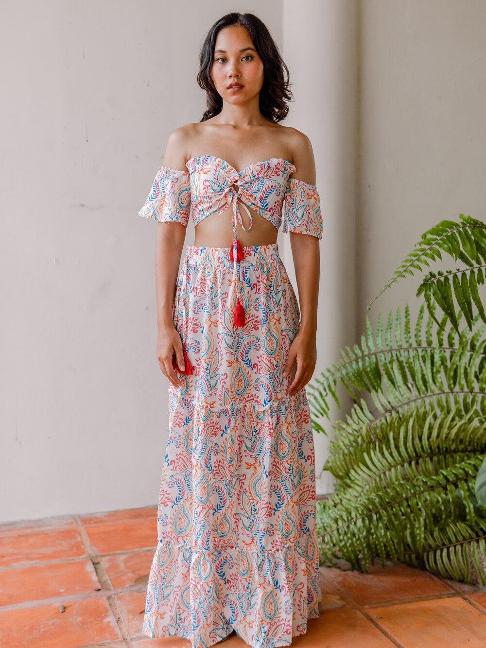 Hannah Paisley Print Off Shoulder with Long Skirt Co Ord 2 Piece Set in Pink - Pink N' Proper