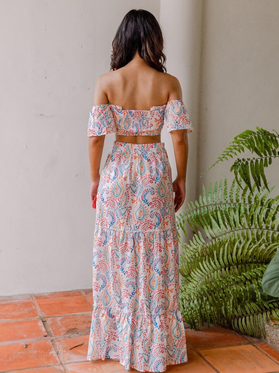Hannah Paisley Print Off Shoulder with Long Skirt Co Ord 2 Piece Set in Pink - Pink N' Proper