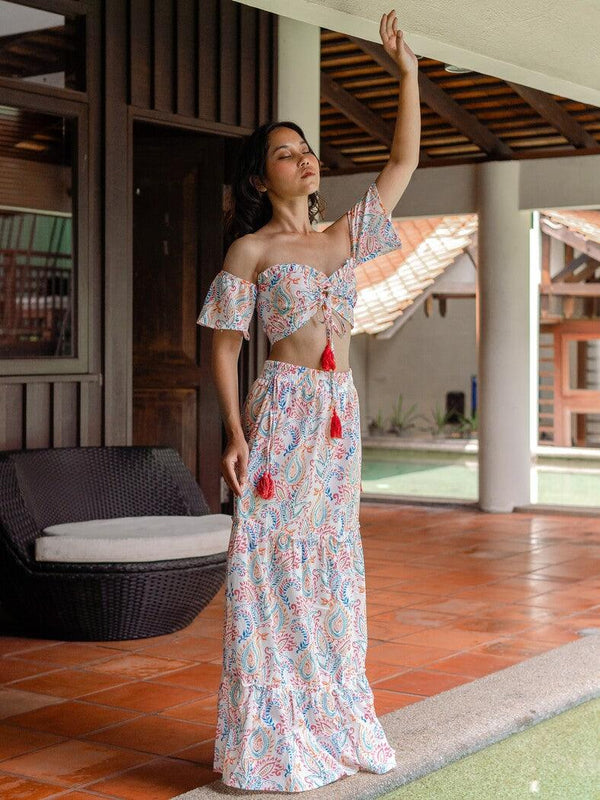 Hannah Paisley Print Off Shoulder with Long Skirt Co Ord 2 Piece Set in Pink - Pink N' Proper