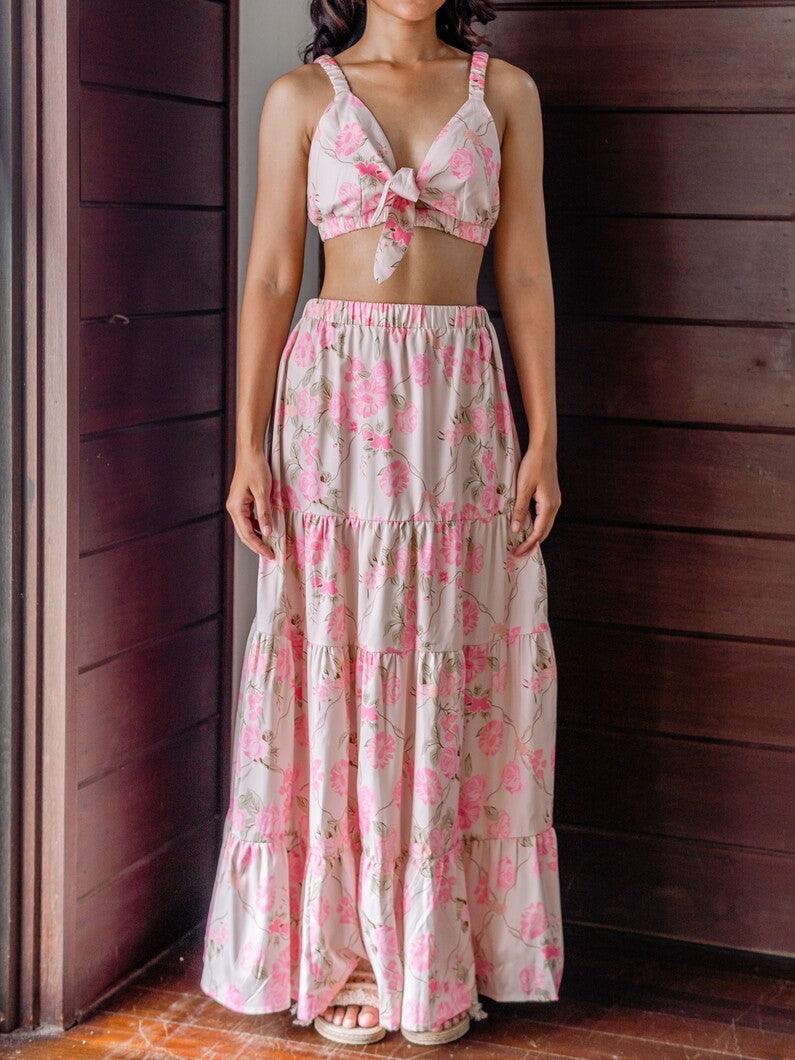 Stella Floral Print Long Skirt Co Ord 2 Piece Set in Pink - Pink N' Proper