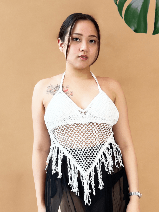 Derullah Fringe Hem Crochet Adjustable Bikini Top in White - Pink N' Proper