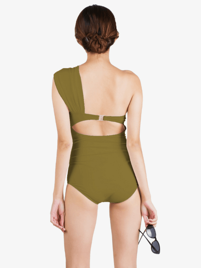 Helen Toga Bandeau Retro Swimsuit in Olive Green - Pink N' Proper