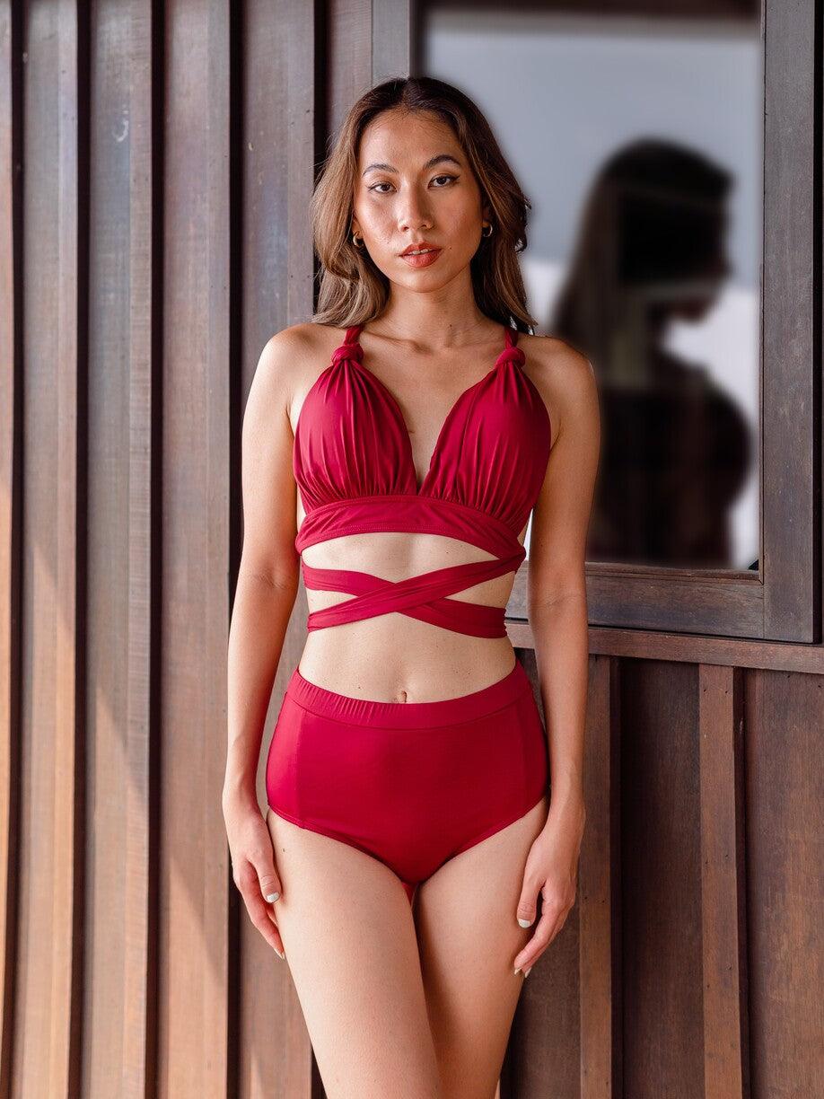 SIGNATURE INFINITY Anggun Convertible High Waist Bikini in Wine Red - Pink N' Proper