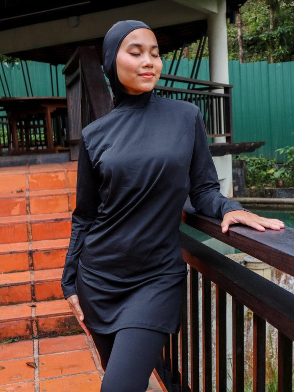 Modernly Modest Melur Muslimah Swimwear Set Black (Plus Size Available) - Pink N' Proper