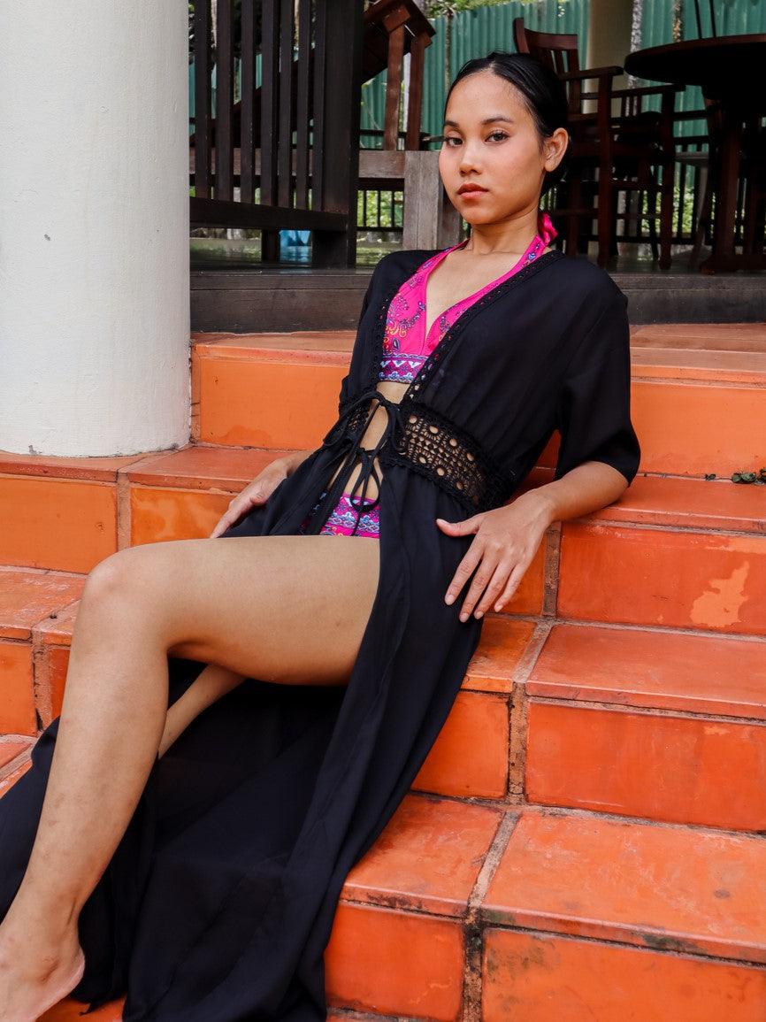 Leia Eyelet Long Chiffon Beach Kaftan Dress in Black - Pink N' Proper