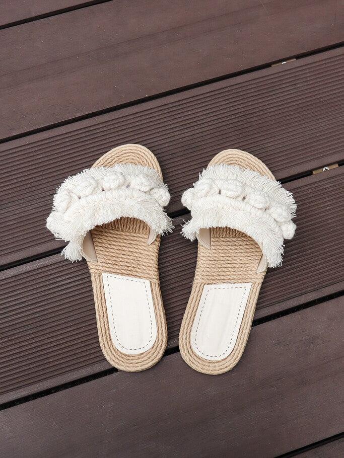 Seven Seas Calypso Handmade Macrame Slide Sandal in Beige White - Pink N' Proper