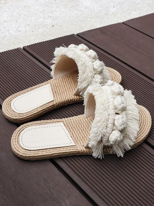 Seven Seas Calypso Handmade Macrame Slide Sandal in Beige White - Pink N' Proper