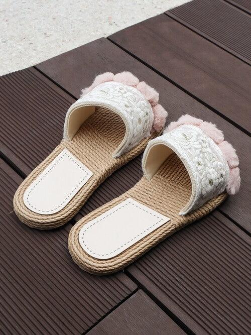 Seven Seas Elysium Embroidered Pom Pom Slide Sandal in White Pink