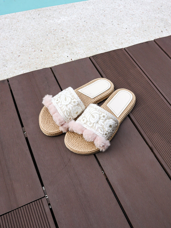 Seven Seas Elysium Embroidered Pom Pom Slide Sandal in White Pink