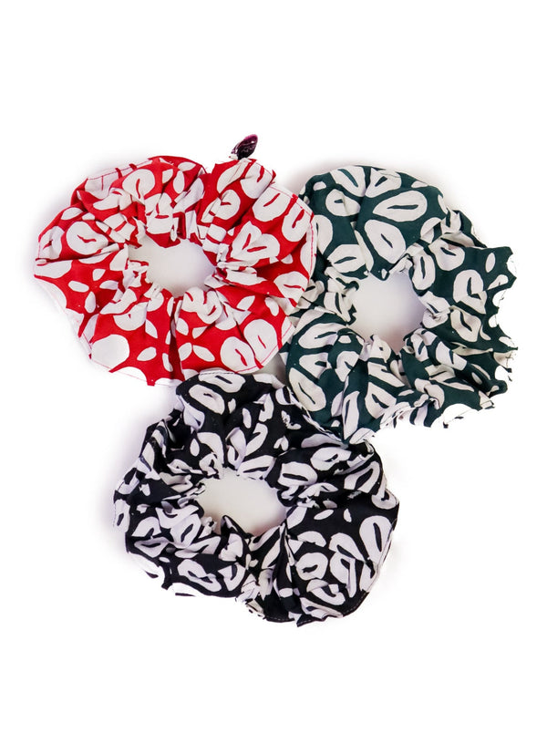 JUST MAR'S Hand Stamped Batik Scrunchie 3 Pack in Black Red Green