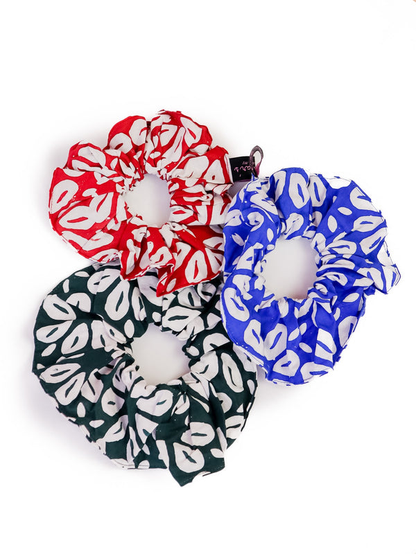 JUST MAR'S Hand Stamped Batik Scrunchie 3 Pack in Blue Red Green