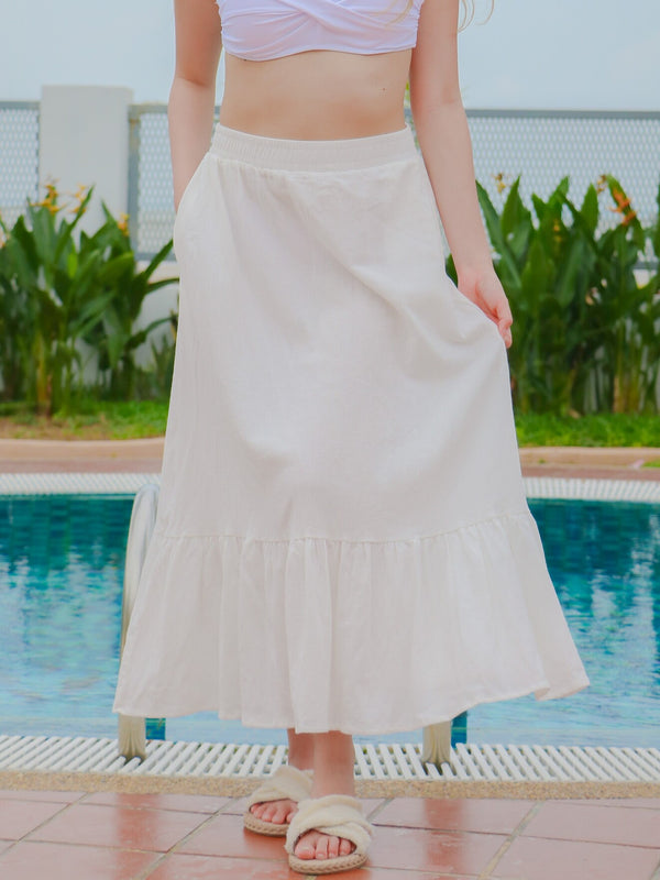 Claire Linen Flare Midi Beach Skirt in White