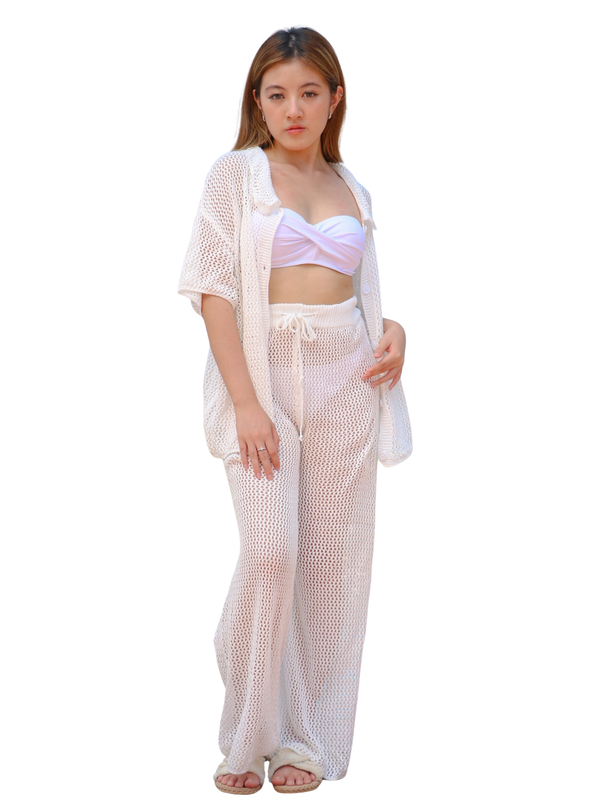 Loro Crochet Relaxed Button Through Beach Shirt in White