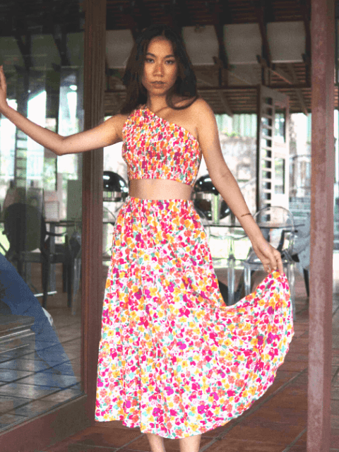 Luna Smocked One Shoulder Toga and Midi Skirt Co Ord Set in Red / Pink - Pink N' Proper