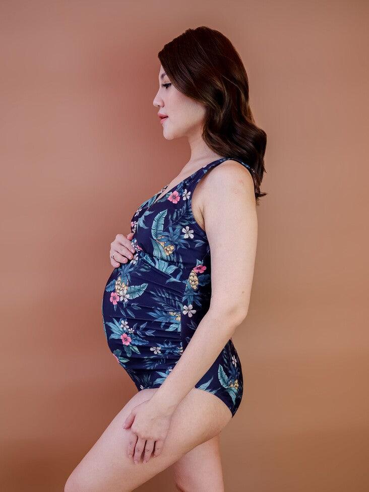 MATERNITY Jolie V Neck Shaping Swimsuit in Navy Green - Pink N' Proper