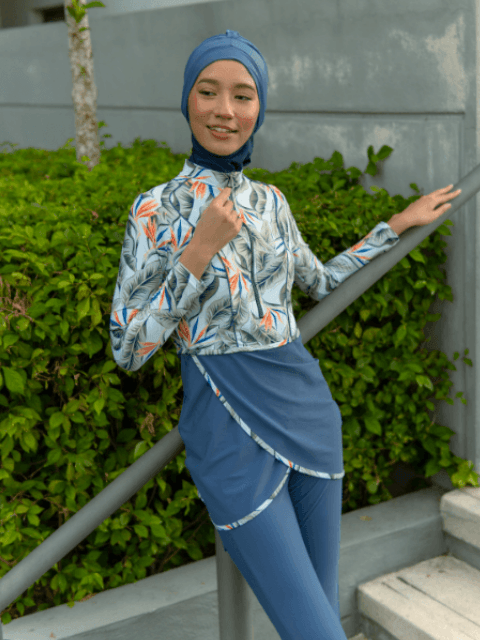 Modernly Modest Raya Tropical Muslimah Swimwear Set in Blue (Plus Size Available) - Pink N' Proper