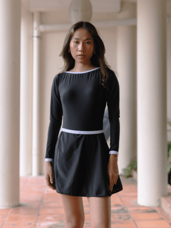 Norah Monochrome Long Sleeve V Back Swimsuit 2 Piece Set with Skirt in Black - Pink N' Proper