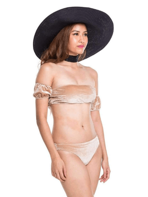 Opulence Nebula Off Shoulder Velvet Bikini Set Beige - Pink N' Proper