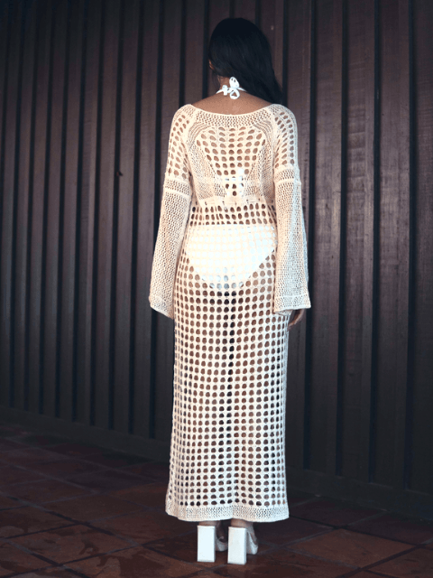 Orabelle Crochet Beach Dress with Slit in Beige - Pink N' Proper