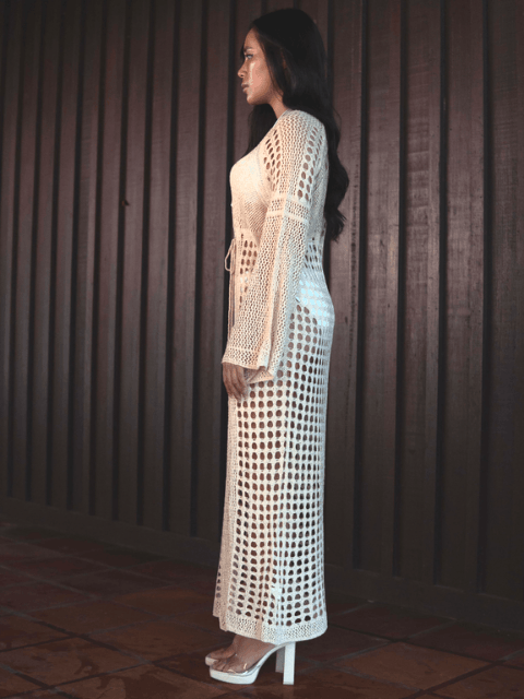 Orabelle Crochet Beach Dress with Slit in Beige - Pink N' Proper